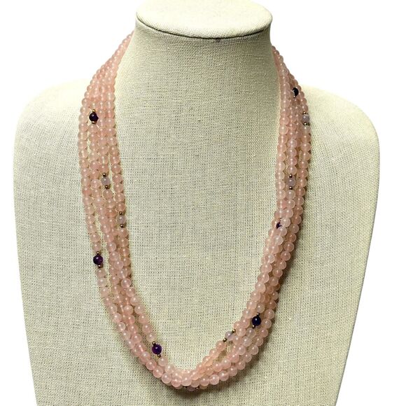 Rose Quartz Necklace with Amethyst & Gold Tone Spacer Accents 4 Strands & 24 In - Picture 1 of 9